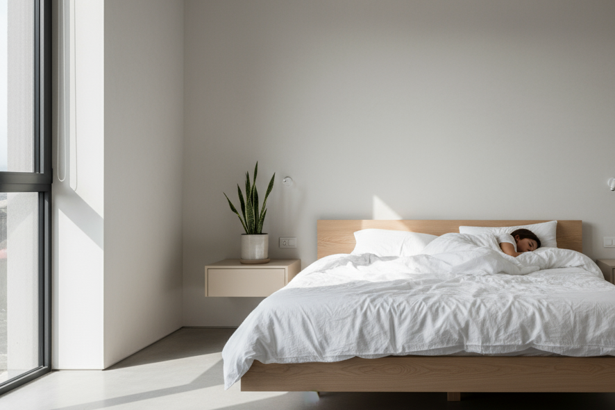 A minimalist bedroom where a person is sleeping during the day